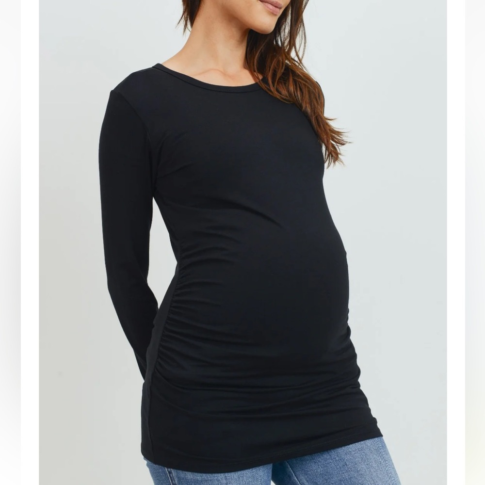 Hello Miz Maternity Round Neck Ruched Long Sleeve Shirt - Medium